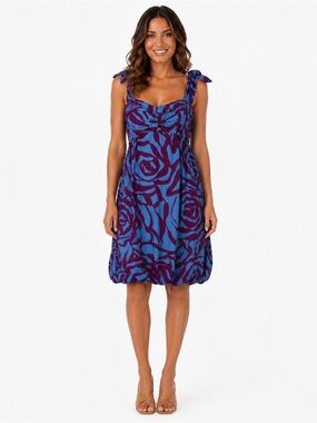 Marc Jacobs 100% Silk Bubble Hem Dress Blue Purple Rose Print Tie Strap Size 4